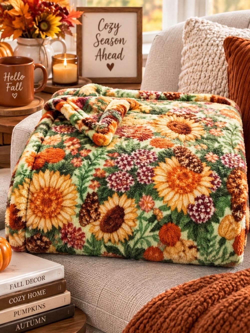The Big One Fall Sunflower Floral Oversized Supersoft Plush Throw Blanket New